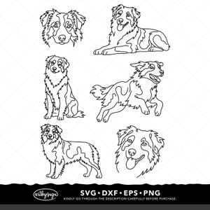 Op de afbeelding: Een verzameling van zes zwart-wit lijntekeningen met Australian Shepherd honden in verschillende houdingen, waaronder zittend, rennend en portretten, met de tekst artbysugu SVG DXF EPS PNG onderaan de afbeelding.
