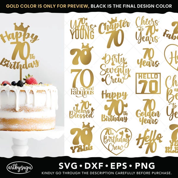 70e verjaardag taart topper svg-bundel, proost op 70 jaar png, 70 en fantastische dxf, hallo 70 svg, 70 jaar gezegend eps, digitale download