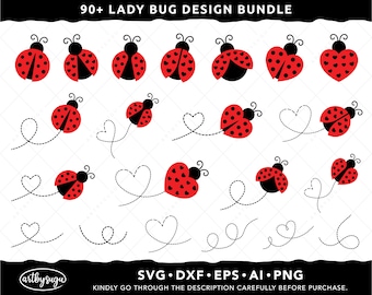 Puede incluir: Un conjunto de más de 90 diseños de mariquitas en varias poses, incluyendo mariquitas volando con corazones, mariquitas con corazones y mariquitas sin corazones. Los diseños son en negro y rojo.