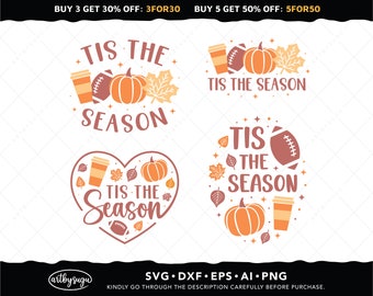 May include: Four different designs for a fall-themed SVG cut file. Each design features a coffee cup, a pumpkin, football, and fall leaves. The text reads "Tis the season".