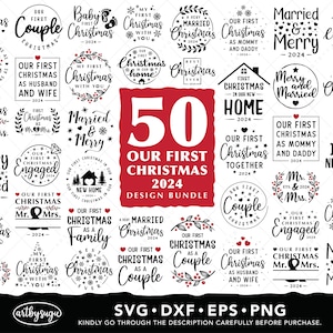 私たちの最初のクリスマス 2024 SVG バンドル、新婚のクリスマス オーナメント デザイン PNG、カップルの最初の休日 DXF、クリスマスの装飾とギフト