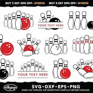 May include: A set of 10 black and white bowling pin and ball SVG cut files. The files include a variety of bowling pin and ball designs, including a single pin, a set of pins, and a pin and ball together. The text "YOUR TEXT HERE" is included in two of the designs.