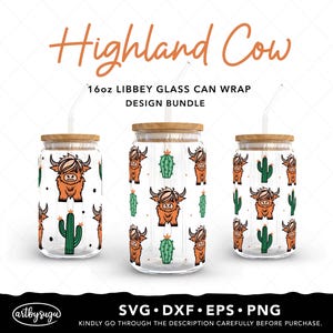 Highland cow cactus Libbey can wrap svg-bundel, libby glass can dxf, cadeau voor haar, beer can glass png, 16oz glass can eps, digitale download