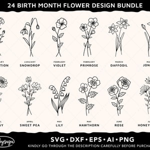 Pacchetto SVG di fiori del mese di nascita, cornice SVG di bouquet di fiori, tatuaggio di fiori di nascita, SVG di fiori di nascita, SVG di fiori selvatici, design SVG di contorni floreali