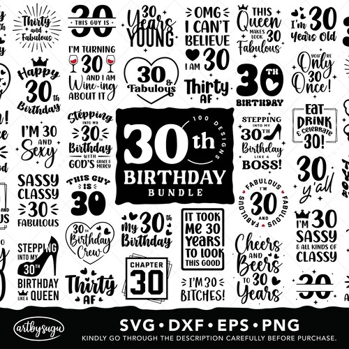30th birthday svg bundle, happy birthday shirt png, birthday gift for her, Thirty Birthday eps, 30 and fabulous dxf, digital download