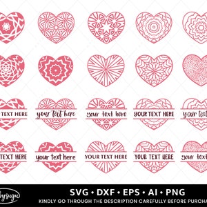 Heart Mandala Split Monogram SVG Bundle, Lace Heart SVG, Heart Split Name Frame SVG, Heart Zentangle svg, Intricate Heart svg, Valentine svg