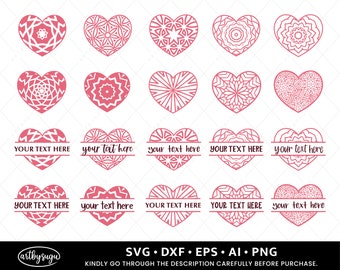 Herz Mandala Split Monogramm SVG Bundle, Lace Heart SVG, Heart Split Name Frame SVG, Heart Zentangle svg, Intricate Heart svg, Valentine svg