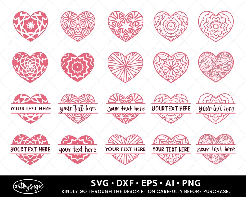 Heart Mandala Split Monogram SVG Bundle, Lace Heart SVG, Heart Split ...