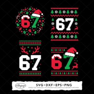 May include: Four festive Christmas designs displaying the number 67 in red and green, with seasonal motifs such as Santa hats, trees, and reindeer. The designs are set against a black backdrop. The bottom of the image includes text.