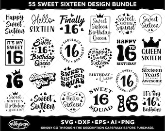 スイート 16 SVG バンドル、スイート 16 SVG、16 歳の誕生日 SVG、誕生日の女の子 SVG、誕生日シャツ SVG、誕生日の女王 SVG、スイート 16 PNG デザイン