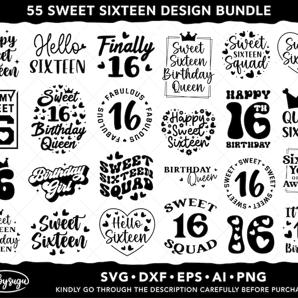 Sweet Sixteen SVG-bundel, Sweet 16 SVG, 16e verjaardag Svg, Birthday Girl Svg, Verjaardag Shirt Svg, Verjaardag Koningin Svg, Sweet 16 PNG Design