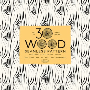 May include: A set of 30 hand-drawn wood grain seamless patterns. The patterns are black and white and feature a variety of wood grain textures. The patterns are 12x12 inches and 300 DPI. They are available in SVG, DXF, EPS, AI, PNG, PAT, and swatch formats.