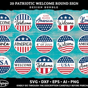 Patriotic Welcome Round Sign SVG, July 4th Door Decor SVG, Independence Day SVG