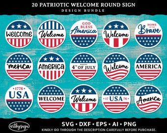 Patriotic Welcome Round Sign SVG, July 4th Door Decor SVG, Independence Day SVG