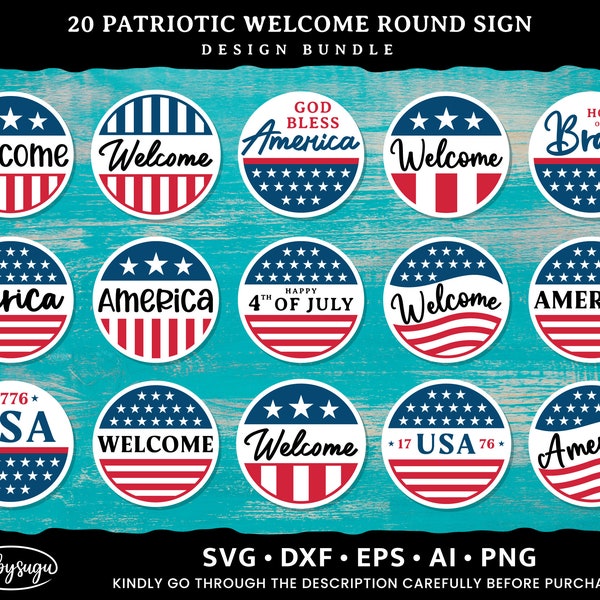 Patriotic Welcome Round Sign SVG, July 4th Door Decor SVG, Independence Day SVG