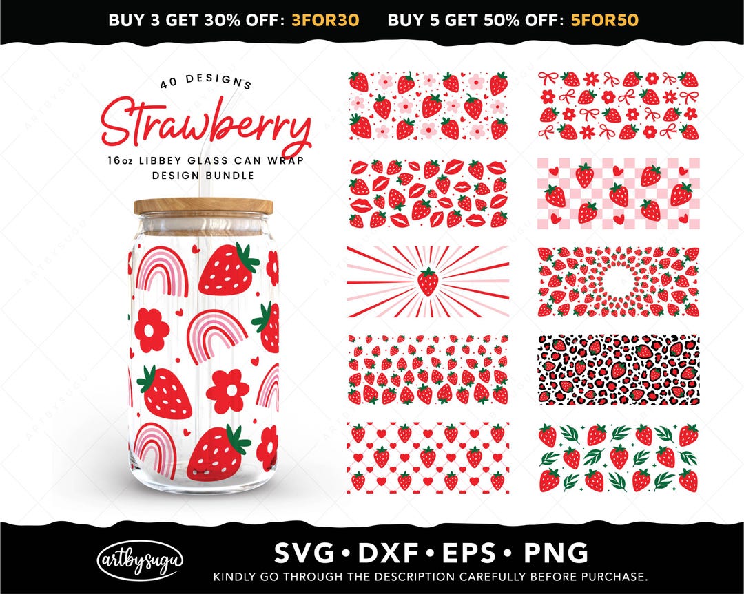 Strawberry 16oz Libbey Glass Can Wrap Svg Bundle, Coquette Strawberry ...