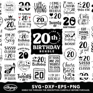 Pacote SVG de 20 anos, camisa de feliz aniversário png, presente de aniversário para ela, vinte aniversário eps, 20 e fabuloso dxf, download digital
