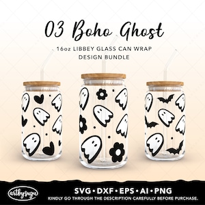 Ghost libbey glass svg, 16oz glass can wrap svg, Boho ghost glass can svg, Halloween beer can glass svg, Floral ghost svg, Digital download