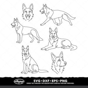 May include: A collection of six black and white line art illustrations of German Shepherd dogs in various poses, including sitting, standing, and lying down. The bottom includes the text artbysugu SVG DXF EPS PNG and additional text.