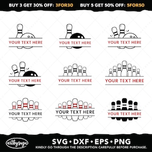 May include: A set of nine black and white bowling pin and ball designs. Each design features a text box that says "YOUR TEXT HERE". The designs are perfect for creating custom logos, t-shirts, or other crafts.