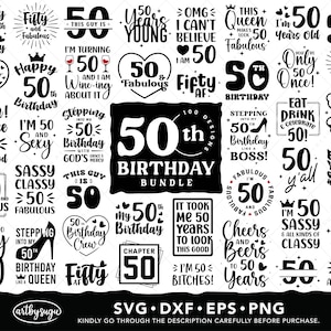 50e verjaardag svg-bundel, gelukkige verjaardag shirt png, verjaardagscadeau voor haar, vijftig verjaardag eps, 50 en fantastische dxf, digitale download