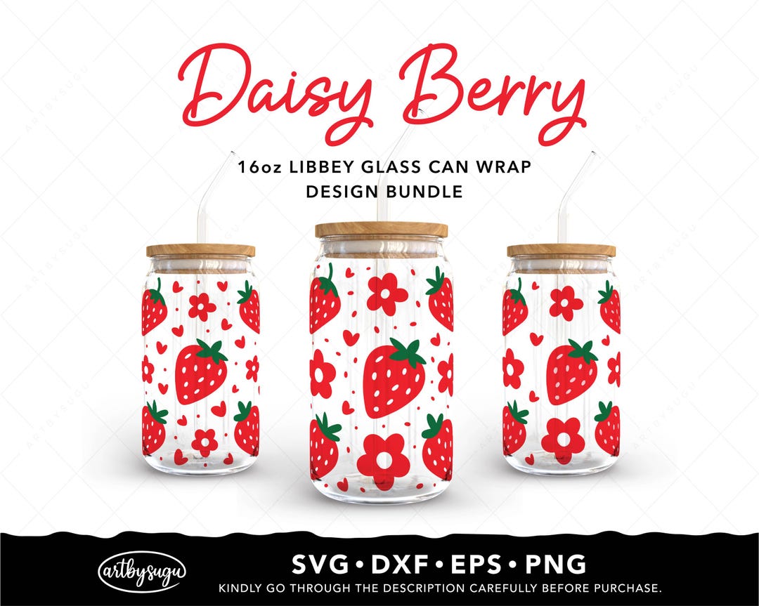 Daisy Strawberry 16oz Libbey Glass Can Wrap Svg, Strawberry Heart Glass ...