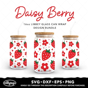 Daisy fraise 16 oz en verre libbey peut emballer svg, verre coeur fraise peut couper fichier png, jolie fleur tasse Wrap eps, téléchargement numérique