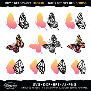 May include: Digital butterfly cut files in SVG, DXF, EPS, AI, and PNG formats. The designs include butterfly silhouettes and gradient color fills in yellow, pink, and black. The image text reads "BUY 3 GET 30% OFF: 3FOR30" and "BUY 5 GET 50% OFF: 5FOR50".