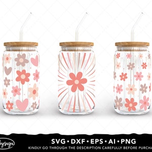 Boho Daisy Libbey Glass Wrap Svg Bundle, Beer can glass svg, Boho Flower Svg, Daisy Flower Svg, Retro Daisies Svg, 16oz glass can svg Design image 7
