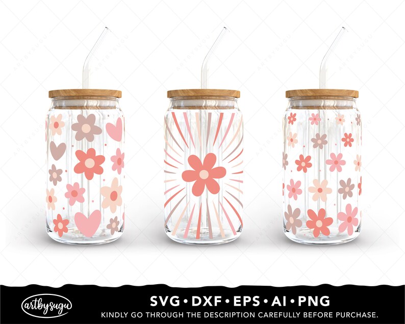 Boho Daisy Libbey Glass Wrap Svg Bundle, Beer can glass svg, Boho Flower Svg, Daisy Flower Svg, Retro Daisies Svg, 16oz glass can svg Design image 7