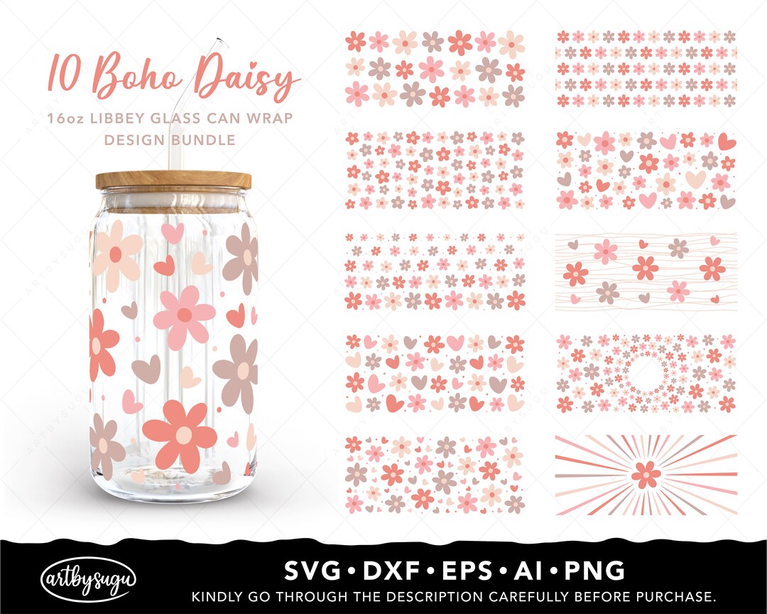 Boho Daisy Libbey Glass Wrap Svg Bundle, Beer Can Glass Svg, Boho ...