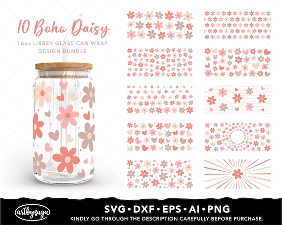Boho Daisy Libbey Glass Wrap Svg Bundle, Beer can glass svg, Boho Flower Svg, Daisy Flower Svg, Retro Daisies Svg, 16oz glass can svg Design