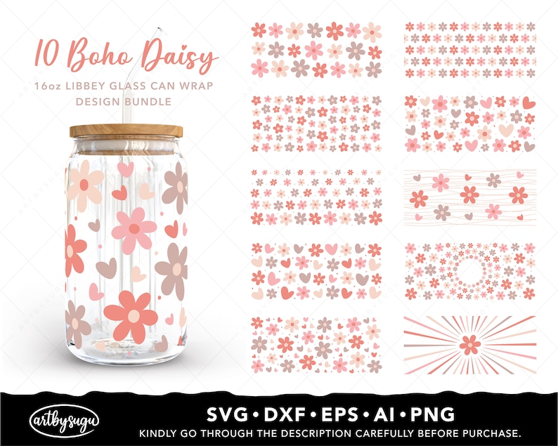 Boho Daisy Libbey Glass Wrap Svg Bundle, Beer can glass svg, Boho Flower Svg, Daisy Flower Svg, Retro Daisies Svg, 16oz glass can svg Design image 1