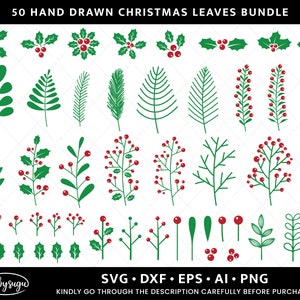 Hand drawn Christmas Leaves svg Bundle, Christmas Holly svg, Holly svg, Mistletoe svg, Cut File Cricut, holly leaves cut file image 1