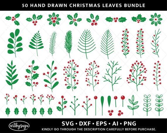 Hand drawn Christmas Leaves svg Bundle, Christmas Holly svg, Holly svg, Mistletoe svg, Cut File Cricut, holly leaves cut file
