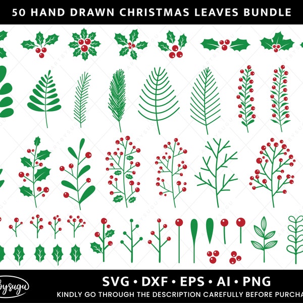 Hand drawn Christmas Leaves svg Bundle, Christmas Holly svg, Holly svg, Mistletoe svg, Cut File Cricut, holly leaves cut file