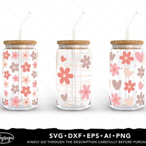 Boho Daisy Libbey Glass Wrap Svg Bundle, Beer can glass svg, Boho Flower Svg, Daisy Flower Svg, Retro Daisies Svg, 16oz glass can svg Design image 3