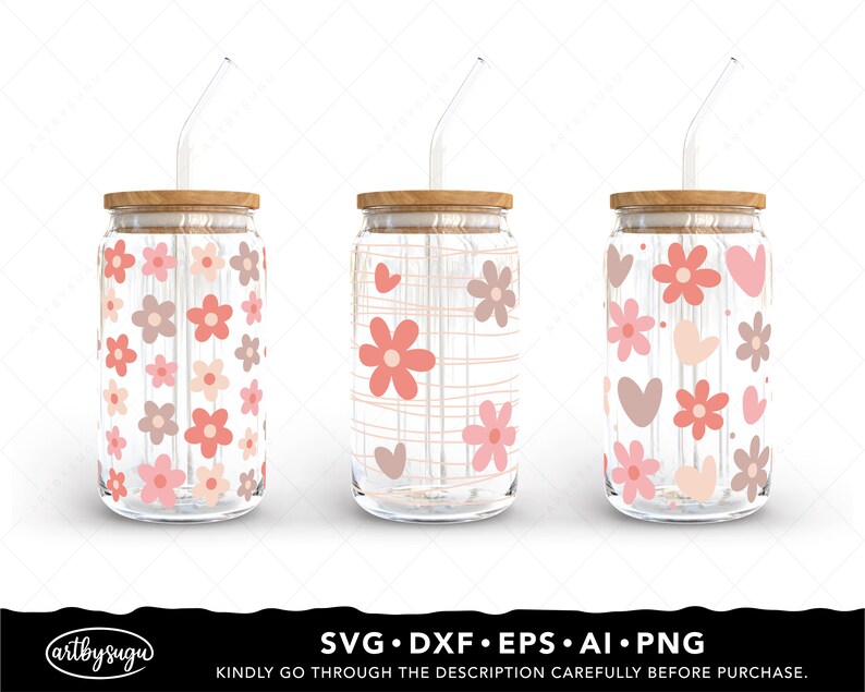 Boho Daisy Libbey Glass Wrap Svg Bundle, Beer can glass svg, Boho Flower Svg, Daisy Flower Svg, Retro Daisies Svg, 16oz glass can svg Design image 3
