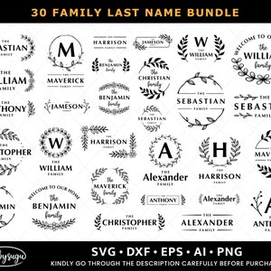 Family last name svg for cut file, farmhouse wreath svg, dxf, png, eps, family svg, monogram svg, leaves hand drawn for Silhouette, Cricut