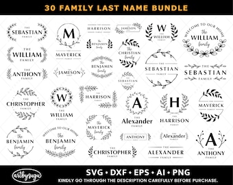 Family last name svg for cut file, farmhouse wreath svg, dxf, png, eps, family svg, monogram svg, leaves hand drawn for Silhouette, Cricut