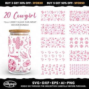 Cowgirl libbey can glass wrap svg bundel, 16 oz glass can wrap png, western libby glass can wrap dxf, boho glass can wrap eps, digitale download