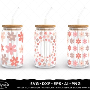 Boho Daisy Libbey Glass Wrap Svg Bundle, Beer can glass svg, Boho Flower Svg, Daisy Flower Svg, Retro Daisies Svg, 16oz glass can svg Design image 5