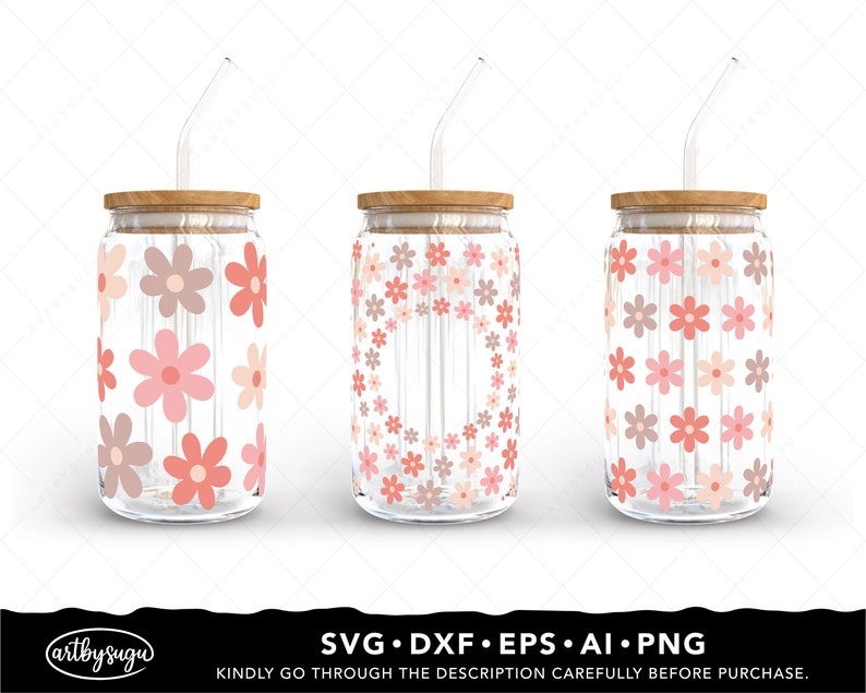 Boho Daisy Libbey Glass Wrap Svg Bundle, Beer can glass svg, Boho Flower Svg, Daisy Flower Svg, Retro Daisies Svg, 16oz glass can svg Design image 5