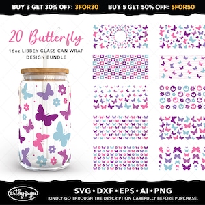 Pacote svg de envoltório de vidro libbey de 20 borboletas, envoltório de copo de borboleta svg, libbey svg de 16 onças, envoltório de vidro libby, copo de lata de cerveja png, download digital