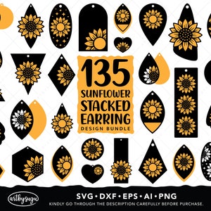 Bundle svg de boucles d’oreilles empilées tournesol, modèle de boucles d’oreilles tournesol, cadeau de boucles d’oreilles tournesol pour elle, fichiers svg pour cricut, téléchargement numérique