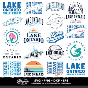 Puede incluir: Una colección de veinte diseños gráficos con el texto Lake Ontario, que incorporan ilustraciones de sirenas, faros, tiendas de campaña, veleros, anclas y puestas de sol en paletas de colores azul, naranja y verde azulado.