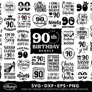 Pacote svg de 90º aniversário, camiseta de feliz aniversário png, presente de aniversário para ela, eps de aniversário de noventa anos, dxf de 90 e fabuloso, download digital