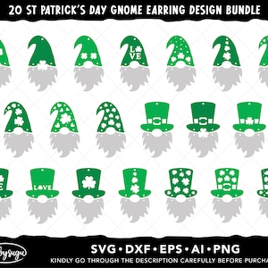 May include: Twenty green gnome earring designs featuring various St. Patrick's Day themes, including shamrocks, hats, and the phrase "Love".