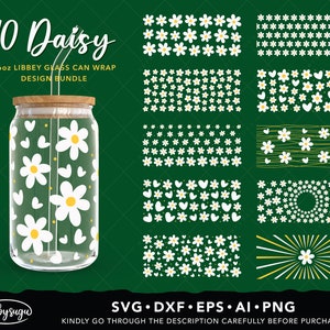 Daisy Libbey Glass Wrap Svg Bundle, Libby Glass Can Svg, Retro Daisy Svg, Daisy Flower Svg, Beer Can Glass Svg, 16 oz Glass Can Svg Design