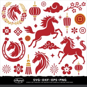 Può includere: Una collezione di grafiche rosse e dorate a tema Capodanno cinese. L'immagine include illustrazioni di cavalli, lanterne, nuvole, fiori e monete. La grafica è in stile vettoriale, adatta per progetti di design digitale.